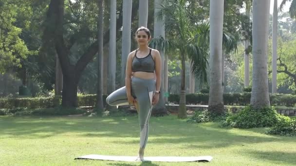 Video Indian Woman Practising Yoga Tree Pose — Vídeo de Stock