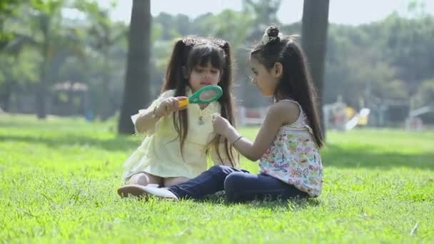 公園に座っている間に虫眼鏡で花を見て好奇心旺盛な女の子のビデオ — ストック動画