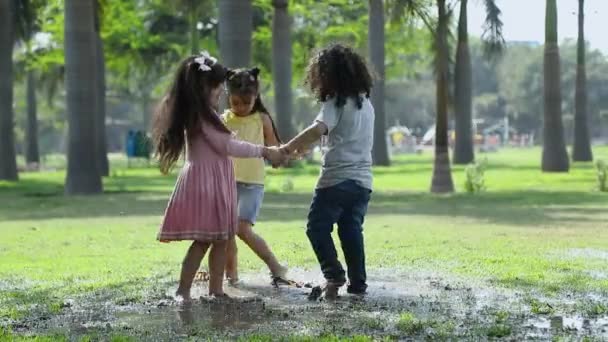 Video Van Drie Kinderen Genieten Spelen Modderig Water Tuin — Stockvideo