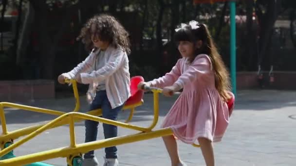 Niedliche Glückliche Kinder Spielen Auf Einer Wippe Einem Park — Stockvideo