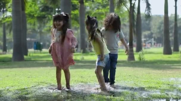 Vídeo Niños Divirtiéndose Jugando Parque Saltando Charco Barro — Vídeo de stock