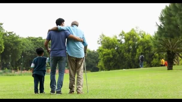 公園で歩いている父と老人のおじいさんがいる小さな男の子の後ろのビュー — ストック動画