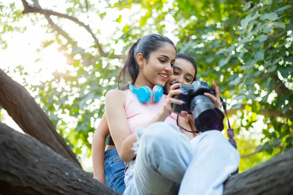 Two teenagers girls are sitting together on a tree branch and checking their DSLR