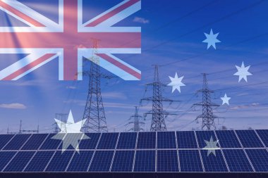 Elektrik kuleleri ve güneş panelleri olan Avustralya bayrağı. Avustralya 'da enerji kaynağı. Enerji krizi.