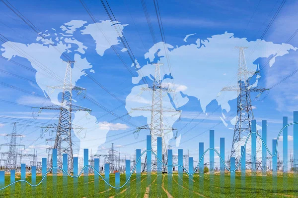 输电塔和提高代表电价增长的火线图 — 图库照片