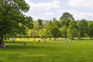 Güneşli bir günde ağaçlarla çevrili yeşil çimlerde dinlenen insanların olduğu sakin bir park sahnesi.