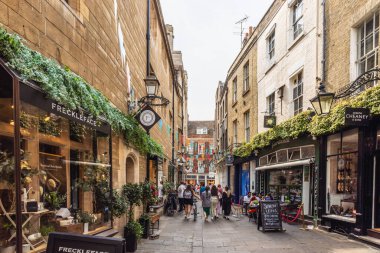 Tarihi binalar boyunca butik dükkanlarının ve canlı çiçeklerin bulunduğu büyüleyici bir Cambridge caddesi. Cambridge, İngiltere, 17 Haziran 2023