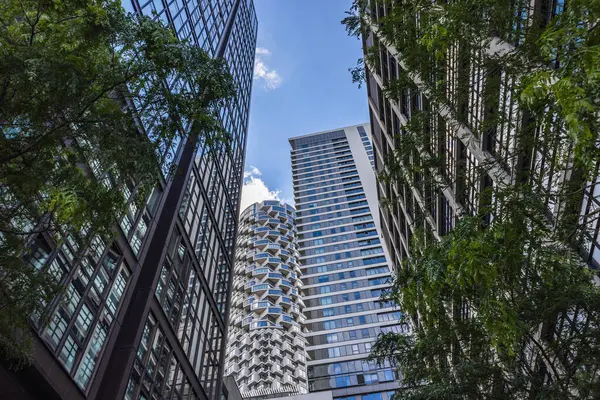 Canlı bir şehir manzarası modern gökdelenler yansıtıcı cam cepheler ve parlak mavi gökyüzünün altındaki yemyeşil ağaçlar.