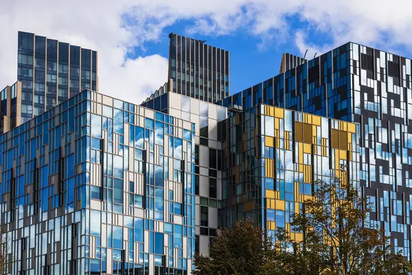 Çarpıcı modern cam binalar yansıtıcı mavi ve altın cepheleriyle kentsel bir ortamda