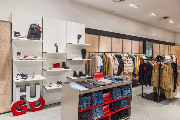HUGO BOSS kıyafetleri ve organize gösterileri olan bir butik. Londra, İngiltere, 31 Aralık 2023