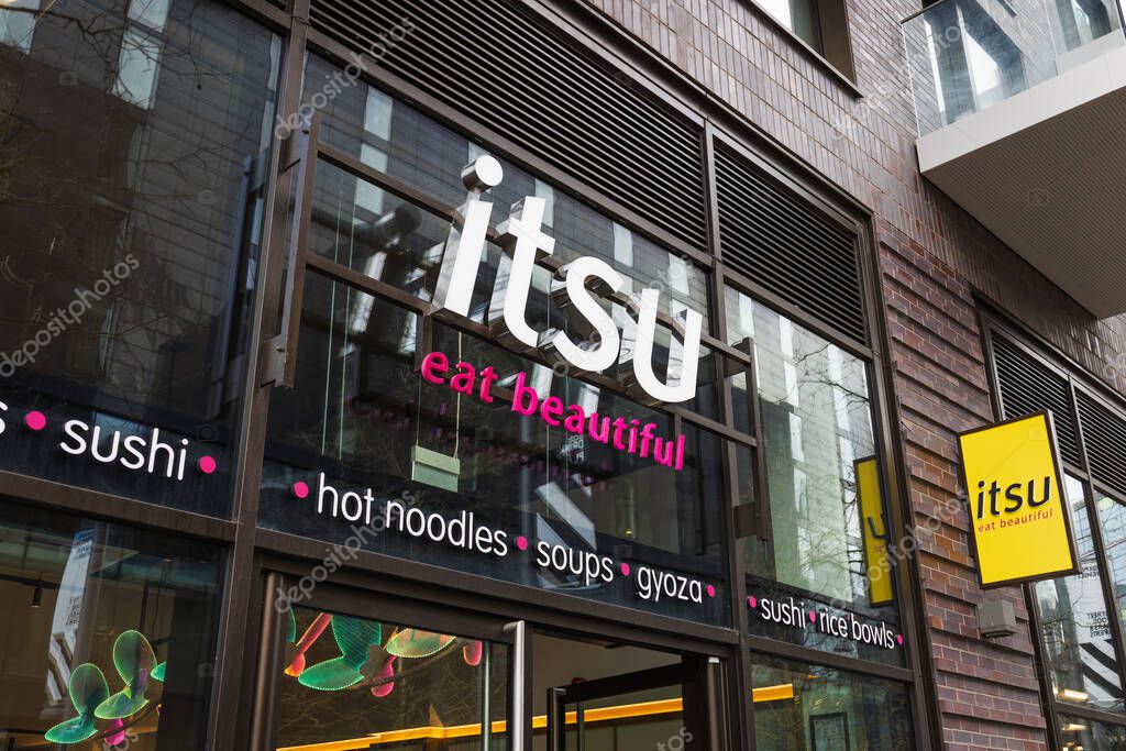 Itsu fast casual dining restaurant with glass facade and vibrant city location. London, UK, 17 March 2024