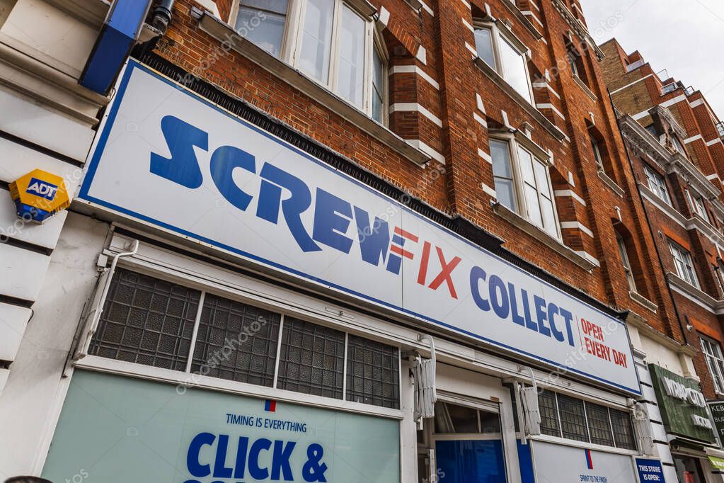 Photo showing the ScrewFix logo and signage on a retail store building facade. London, UK, 6 April 2024