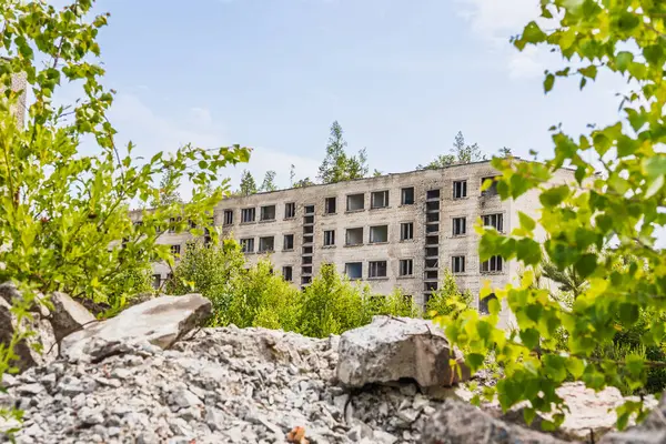 Lağım ve taze yeşillik. Irbene, Letonya 'da kullanılmayan bir Sovyet apartmanı.