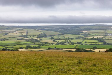 Purbeck Hills, Dorset, İngiltere 'nin yüksek manzarası. Yamalı tarlalar, çitler, çiftlikler ve ufuktaki uzak İngiliz Kanalı ile karamsar bir gökyüzü..