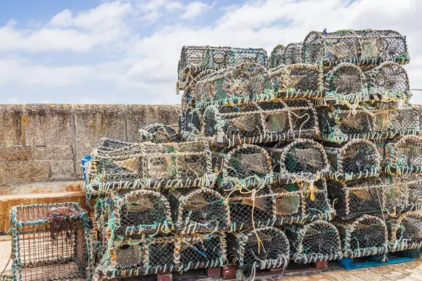 St. Ives, Cornwall 'daki liman duvarına istiridye saksıları ve yengeç krepleri yığılmış.