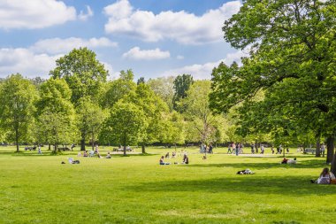 Halka açık bir parkta, insanlar çimenlerde oturup pikniğin tadını çıkarırken ve yapraklı ağaçların ve mavi gökyüzünün altında dinlenirken. Londra, İngiltere, 24 Mayıs 2023