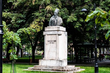 TARGOVISTE, ROMANIA - JULY 28, 2022: The statue of Tudor Vladimirescu in the Metropolitan Park.