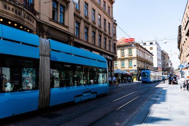ZAGREB, CROATIA - JULY 22, 2022: Ilica Street with shops, people and trams.