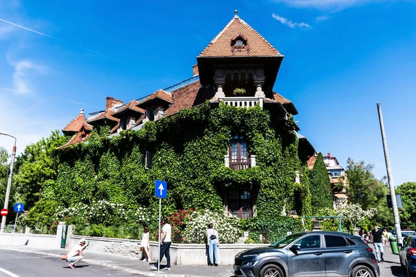 BUCHAREST, ROMANIA - MAY 21, 2022: Historical building covered with vegetation in the Cotroceni neighbourhood.