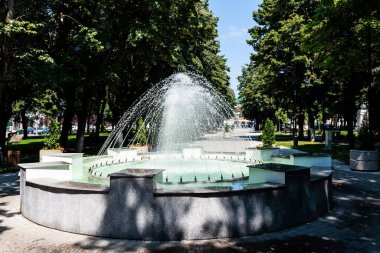 TARGOVSTE, ROMANIA - 29 Temmuz 2022 Metropolitan Parkı 'nın ortasında Artesian Çeşmesi.