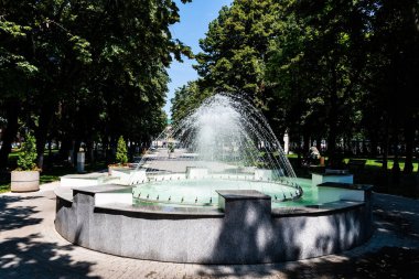 TARGOVSTE, ROMANIA - 29 Temmuz 2022 Metropolitan Parkı 'nın ortasında Artesian Çeşmesi.