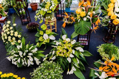 Çeşitli çiçek çeşitleri içeren çiçek aranjmanları.