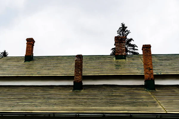 Green Tin Roof Four Brick Chimneys — Stock Photo, Image