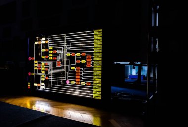PLOIESTI, ROMANIA - 30 Nisan 2023: Ulusal Petrol Müzesi. Ham petrol işleme şeması.