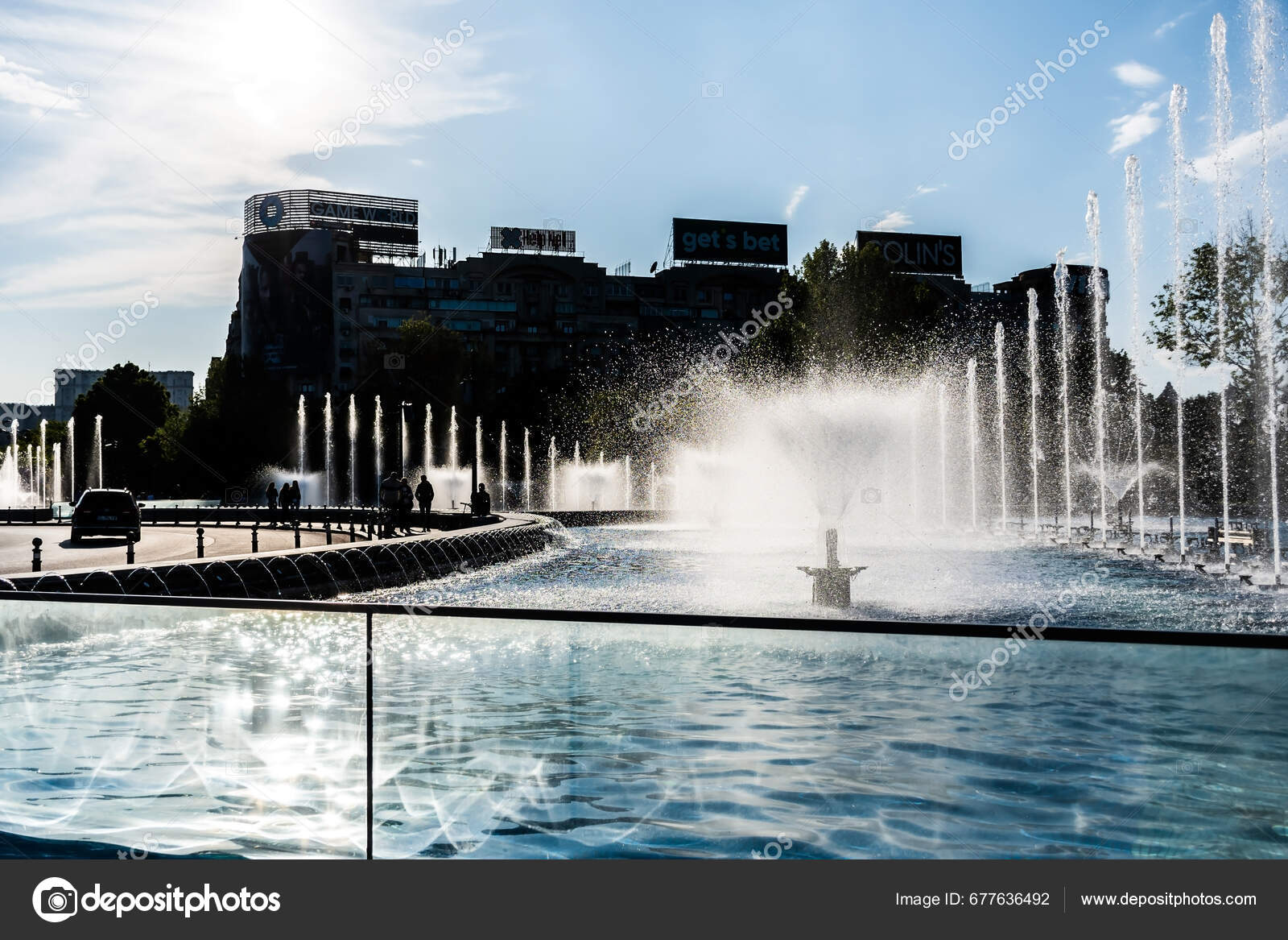 Bucharest Romania May 2023 Artesian Fountains Union Square Downtown