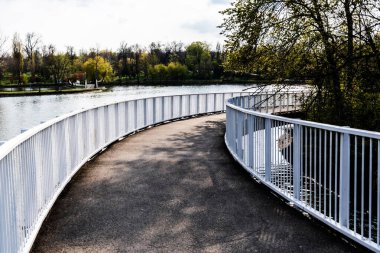 Gölün üzerindeki Bordei parkındaki yaya köprüsü. Bükreş, Romanya.