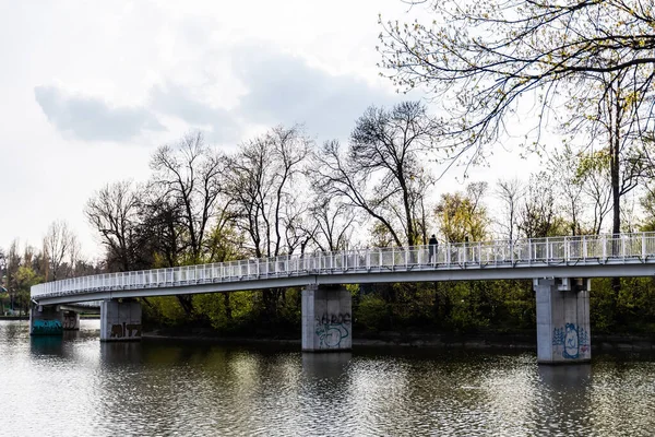 Bucharest Rumania Abril 2023 Puente Peatonal Parque Bordei Sobre Lago —  Fotos de Stock