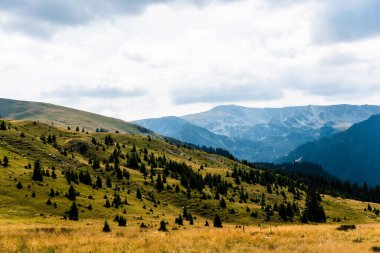 Dağlar, yeşil tepeler ve bulutlu gökyüzü, Transalpina yolu, Romanya.