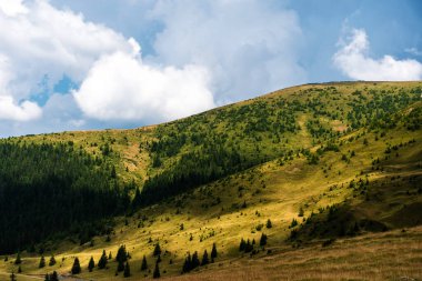 Dağlar, yeşil tepeler ve bulutlu gökyüzü, Transalpina yolu, Romanya.