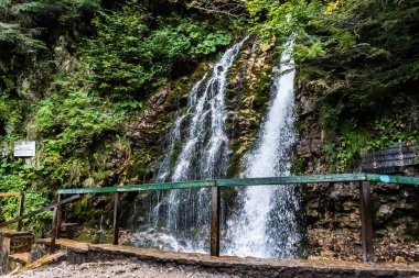 BÜSTENİ, ROMANIA - 24 Eylül 2023: Bucegi dağlarından Urlato bölgesi şelalesi.