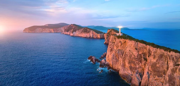 Panoramic Aerial View Cape Ducato Cliffs Sea Lighthouse Shining Illuminated — Stock Photo, Image