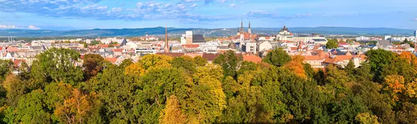 通过秋天五彩缤纷的树木 俯瞰捷克共和国莫拉维亚历史中心奥洛穆茨市中心的塔和寺庙的全景 阳光灿烂的一天 从空中看 — 图库照片