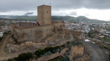 aerial drone view of the castle of Alcaudete in the province of Jaen, Spain.