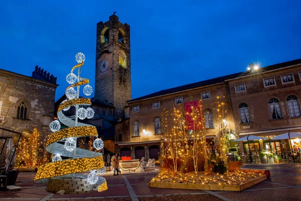 Bergamo Old Square Illuminated Christmas Stock Photo