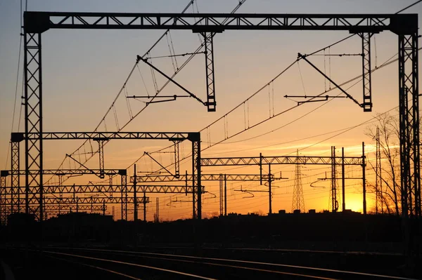Railroad Electricity Pylons Sunset — Stock Photo, Image