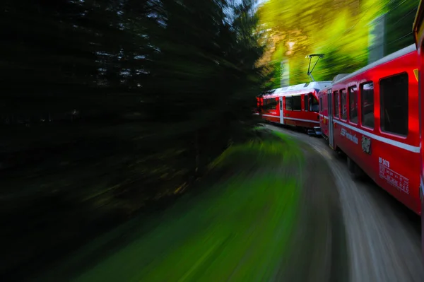 Sankt Moritz Switzerland May 2023 Little Red Train Traveling Swiss — Stock Photo, Image