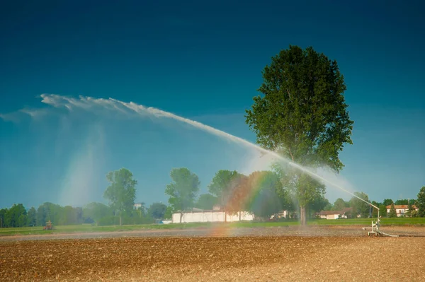 Waterstraal Voor Irrigatie Van Landbouwvelden Lombardije — Stockfoto