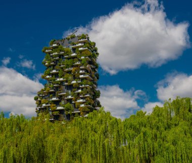 Milan İtalya 14Nisan 2025: Bosco Verticale, biyolojik çeşitliliğin yeni bir mimarisinin prototip binasıdır ve bu yapı sadece insan ve diğer canlı türler arasındaki ilişkiyi değil,