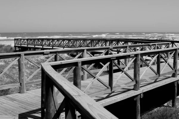 Black White Photograph Deck Beach — Stock Photo, Image