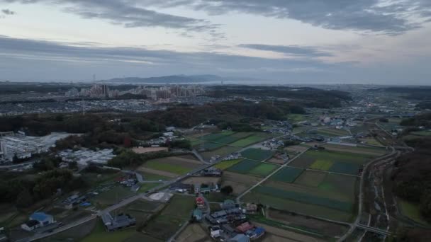 Vista Aérea Campos Arroz Pequeñas Granjas Fuera Pequeña Ciudad Amanecer — Vídeo de stock