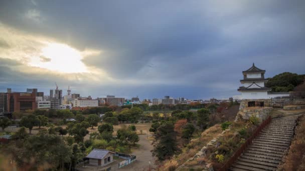 Dramatic Sunset Breaks Fast Moving Clouds Historic Akashi Castle High — Stock Video