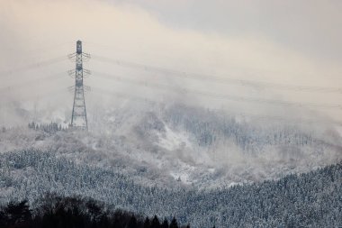 Yüksek voltajlı elektrik iletim kulesi ve karlı dağ manzarasının üzerindeki kablolar. Yüksek kalite fotoğraf