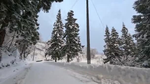 冬の風景の中に狭い山道を雪の中をダイビング 高品質4K映像 — ストック動画