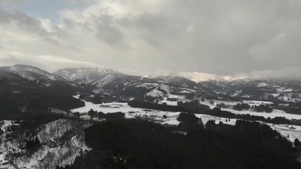 Durch Schnee Über Bewaldete Landschaft Den Ausläufern Fliegen Hochwertiges Filmmaterial — Stockvideo