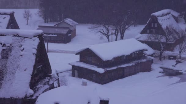 Sníh Padá Strmé Doškové Střechy Vesnice Gokayama Šedého Úsvitu Vysoce — Stock video