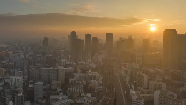 大阪市 2023年1月8日市内中心部や日の出の煙霧の中での列車の空中時間経過 高品質4K映像 — ストック動画